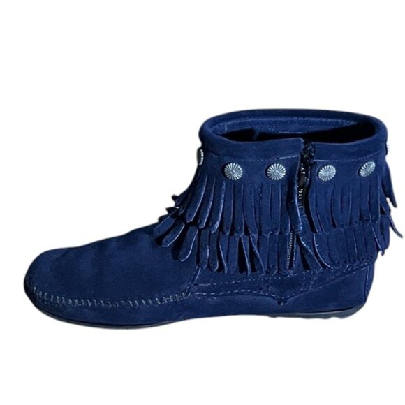 Minnetonka Navy Blue Suede Leather Fringe Ankle Boots Moccasins Size 8.5 - Picture 8 of 10